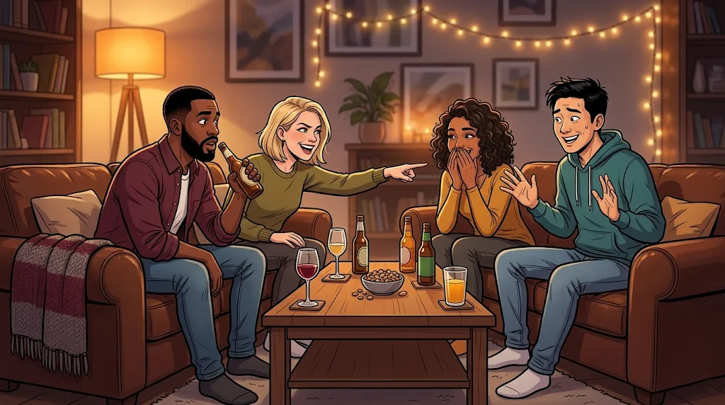 Amigos a tirar cartas com regras à mesa com bebidas durante um jogo com desafios