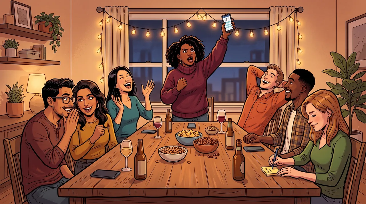 Vrienden lachen tijdens een kennisquiz aan tafel, één persoon leest dramatisch een vraag voor van de telefoon