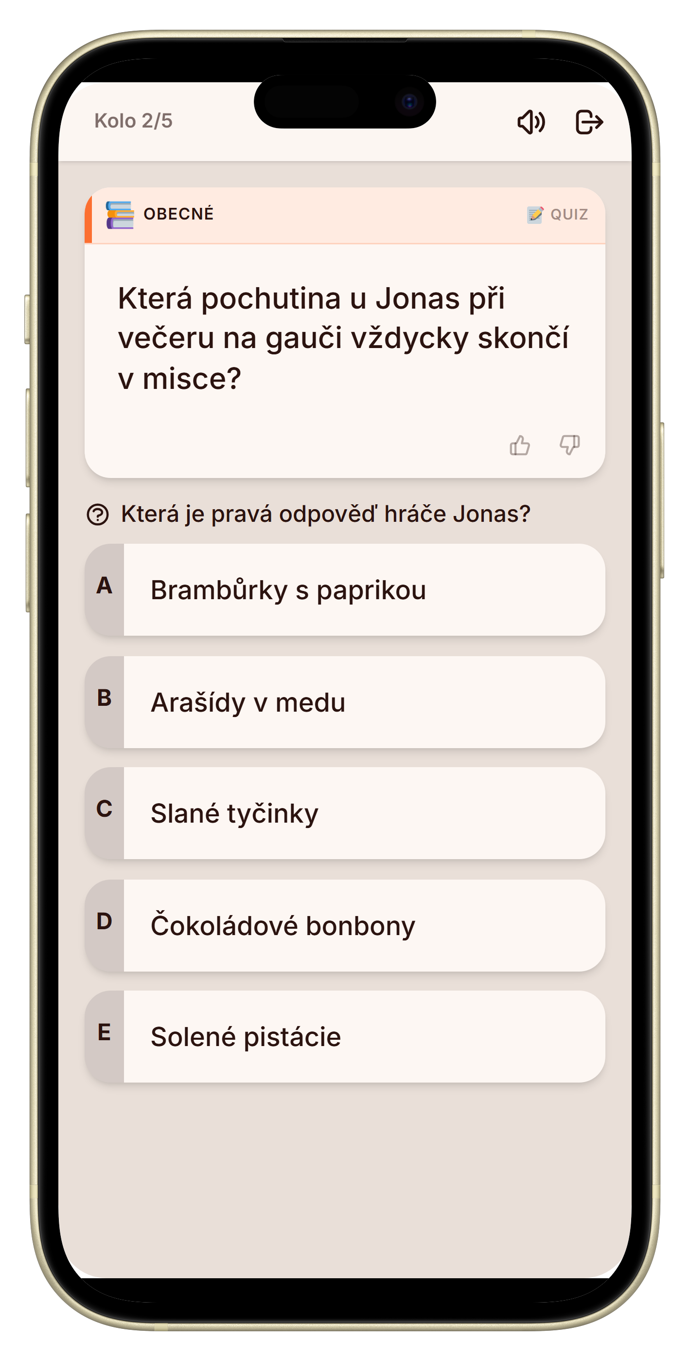 Obrazovka hlasování se třemi odpověďmi ve hře kdo mě nejlépe zná