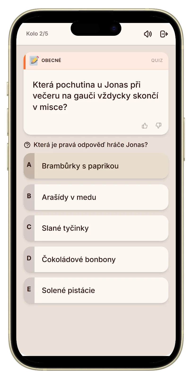 Obrazovka hlasování se třemi odpověďmi ve hře kdo mě nejlépe zná