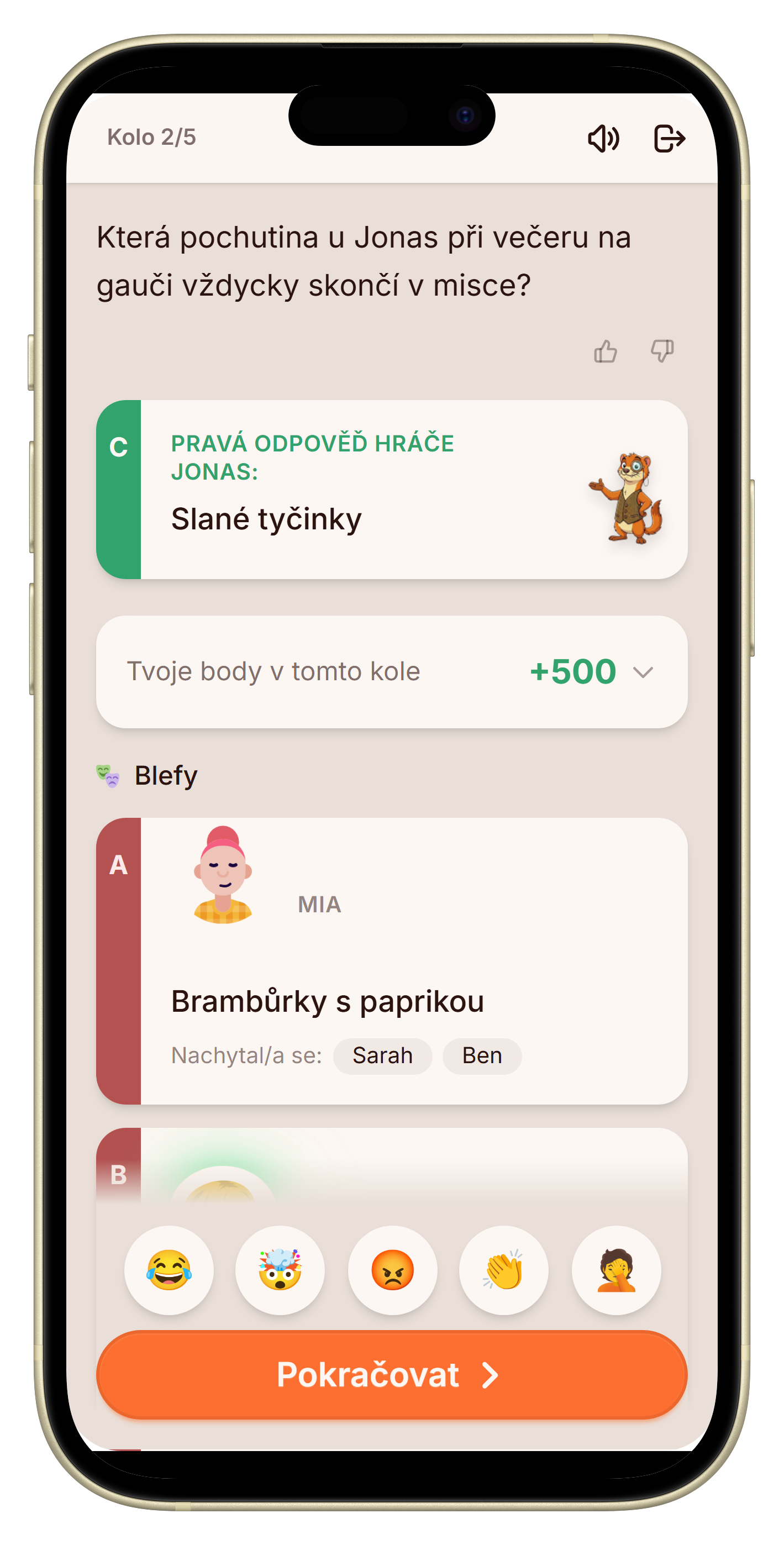 Obrazovka odhalení se skutečnou odpovědí a blafy