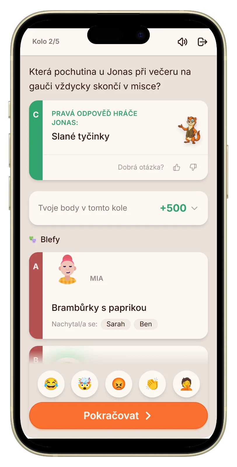 Obrazovka odhalení se skutečnou odpovědí a blafy