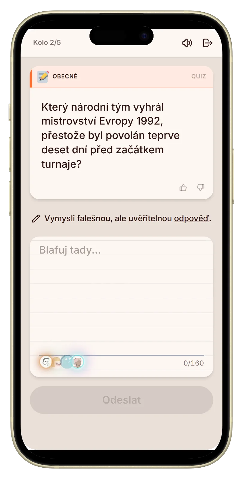 Psaní falešné odpovědi na otázku fotbalového kvízu v Let's Fib