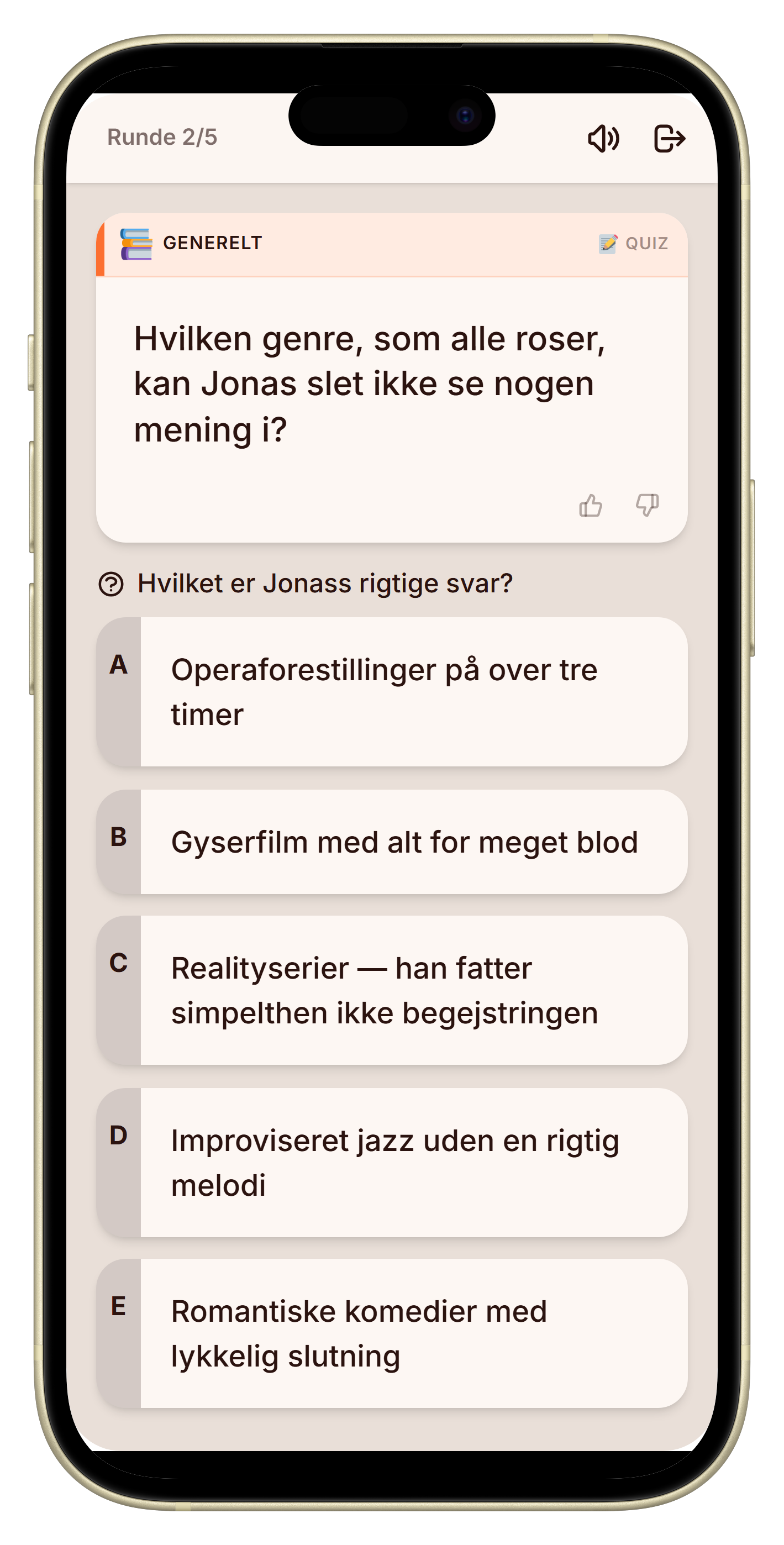 Afstemningsskærm med tre svar i spillet hvem kender mig bedst
