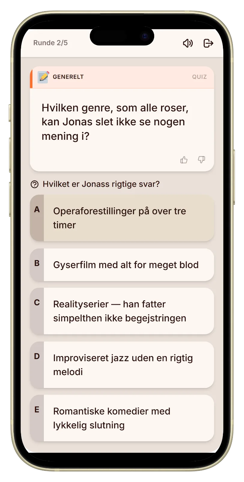Afstemningsskærm med tre svar i spillet hvem kender mig bedst