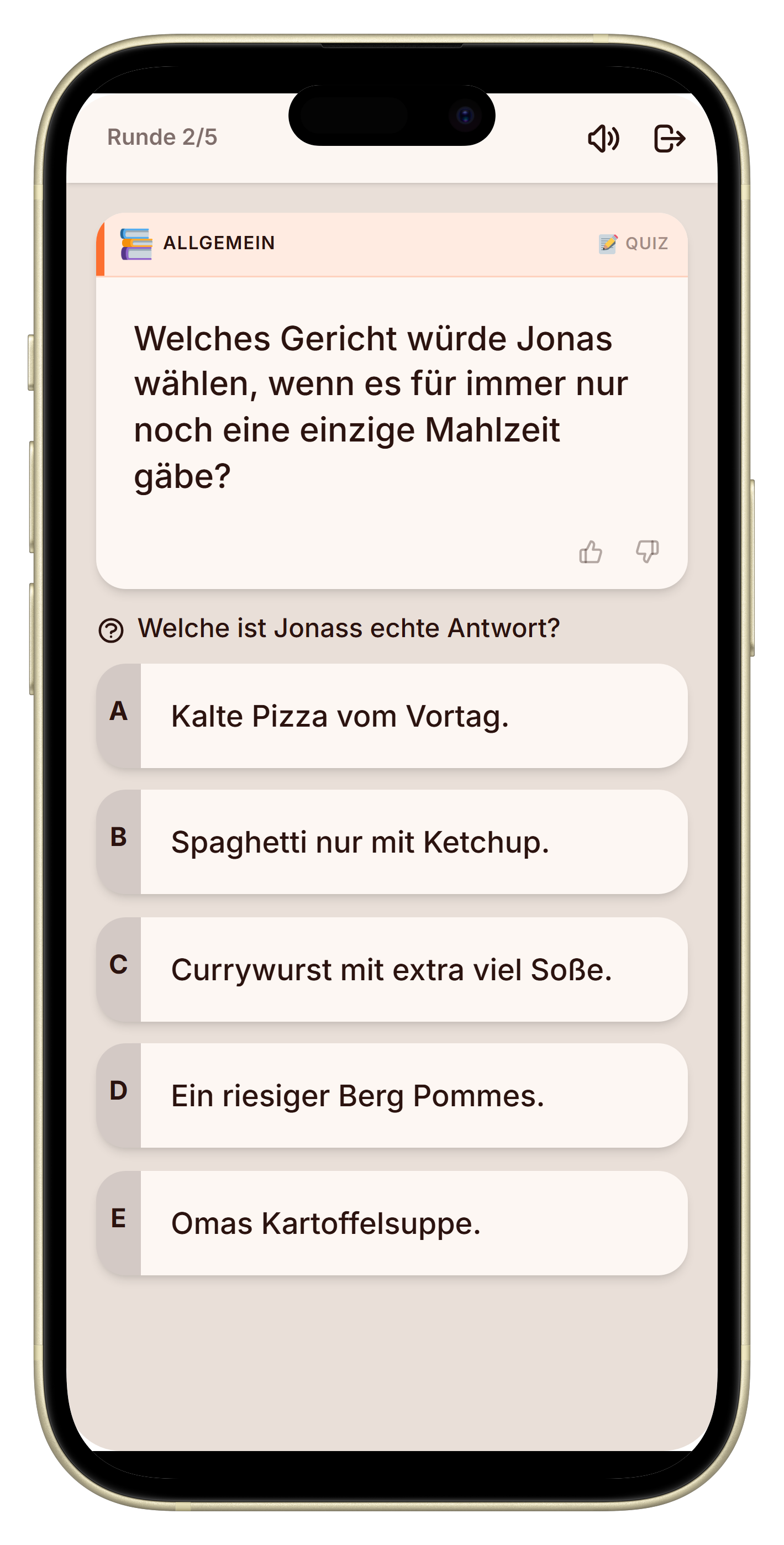 Voting-Screen mit drei Antwortmöglichkeiten beim Wer kennt mich am besten Spiel