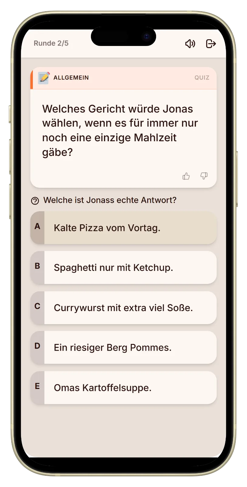 Voting-Screen mit drei Antwortmöglichkeiten beim Wer kennt mich am besten Spiel