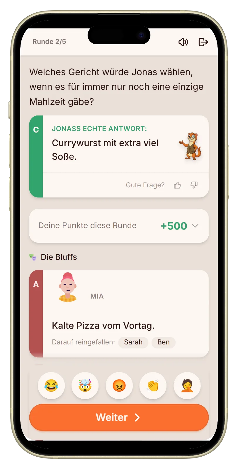 Auflösung einer Mädelsabend-Frage mit Punkten in Let's Fib