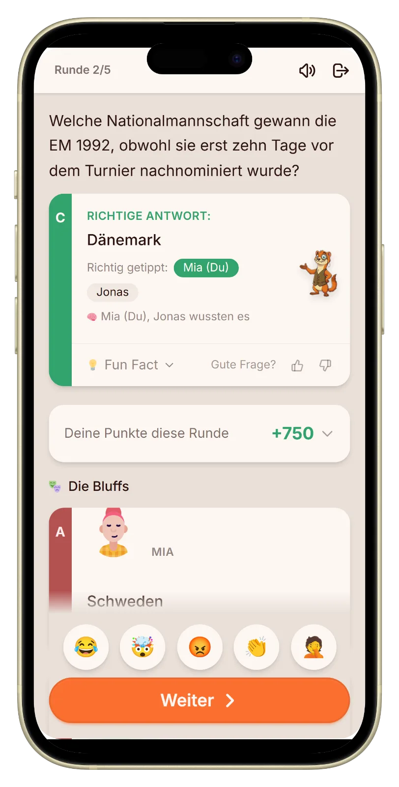 Auflösung mit der echten Fußball-Antwort und den Punkten in Let's Fib