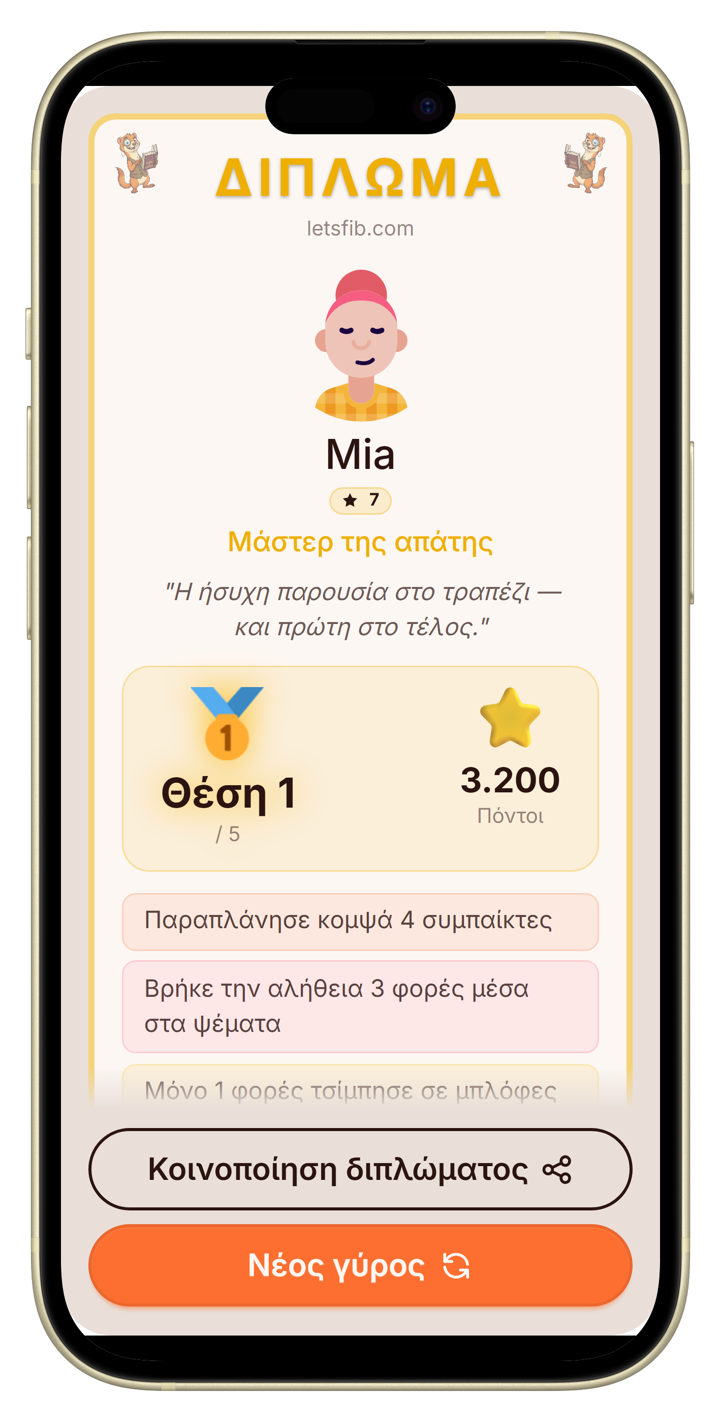 Let's Fib πιστοποιητικό στο τέλος του γύρου