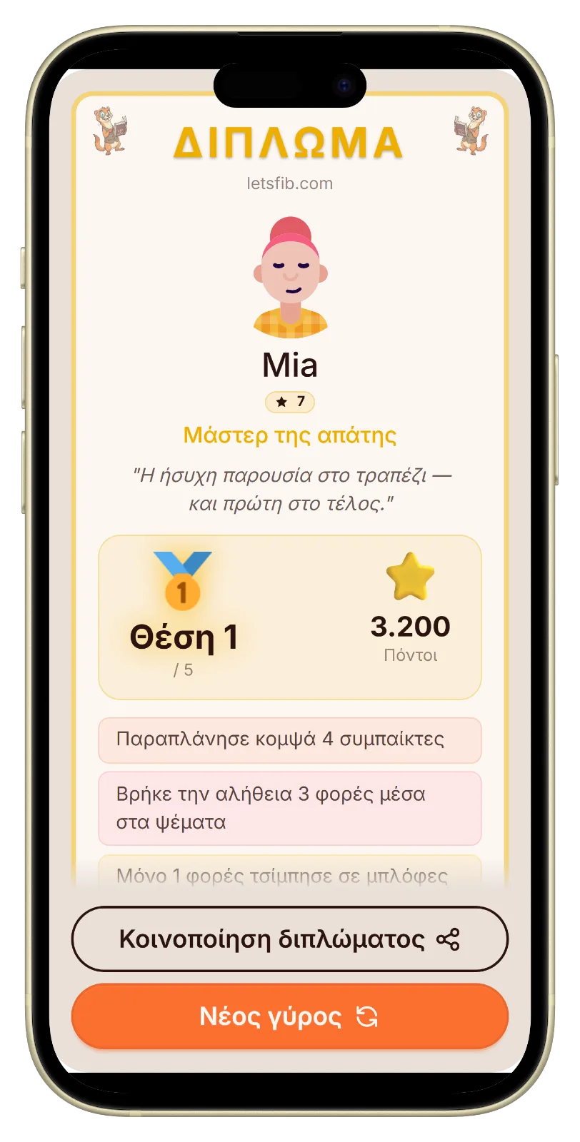 Πιστοποιητικό στο τέλος του γύρου συγκατοίκων στο Let's Fib