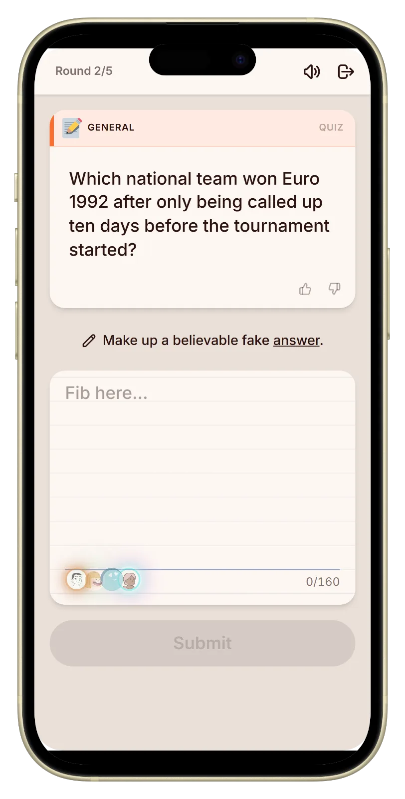 Let's Fib football quiz question on a phone