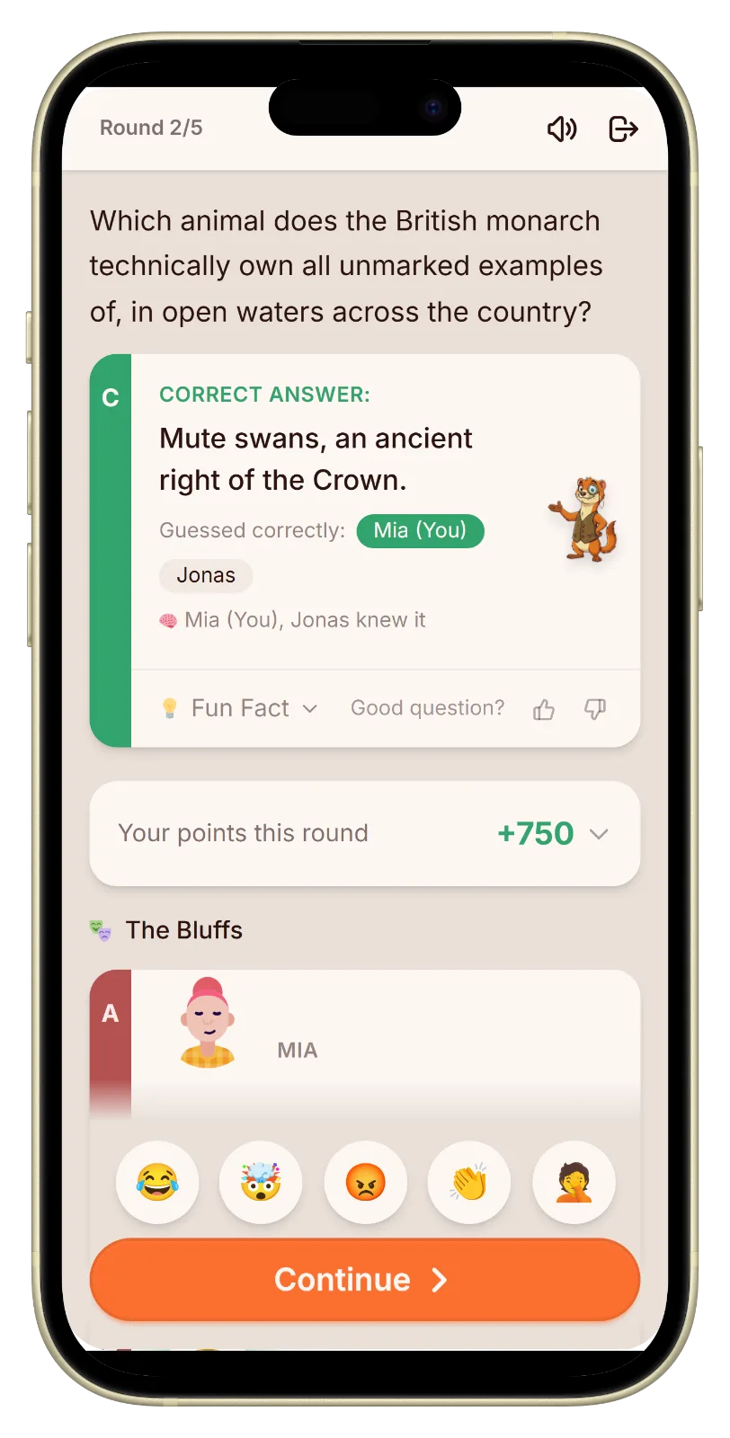 The reveal showing the real British answer and the points scored in Let's Fib