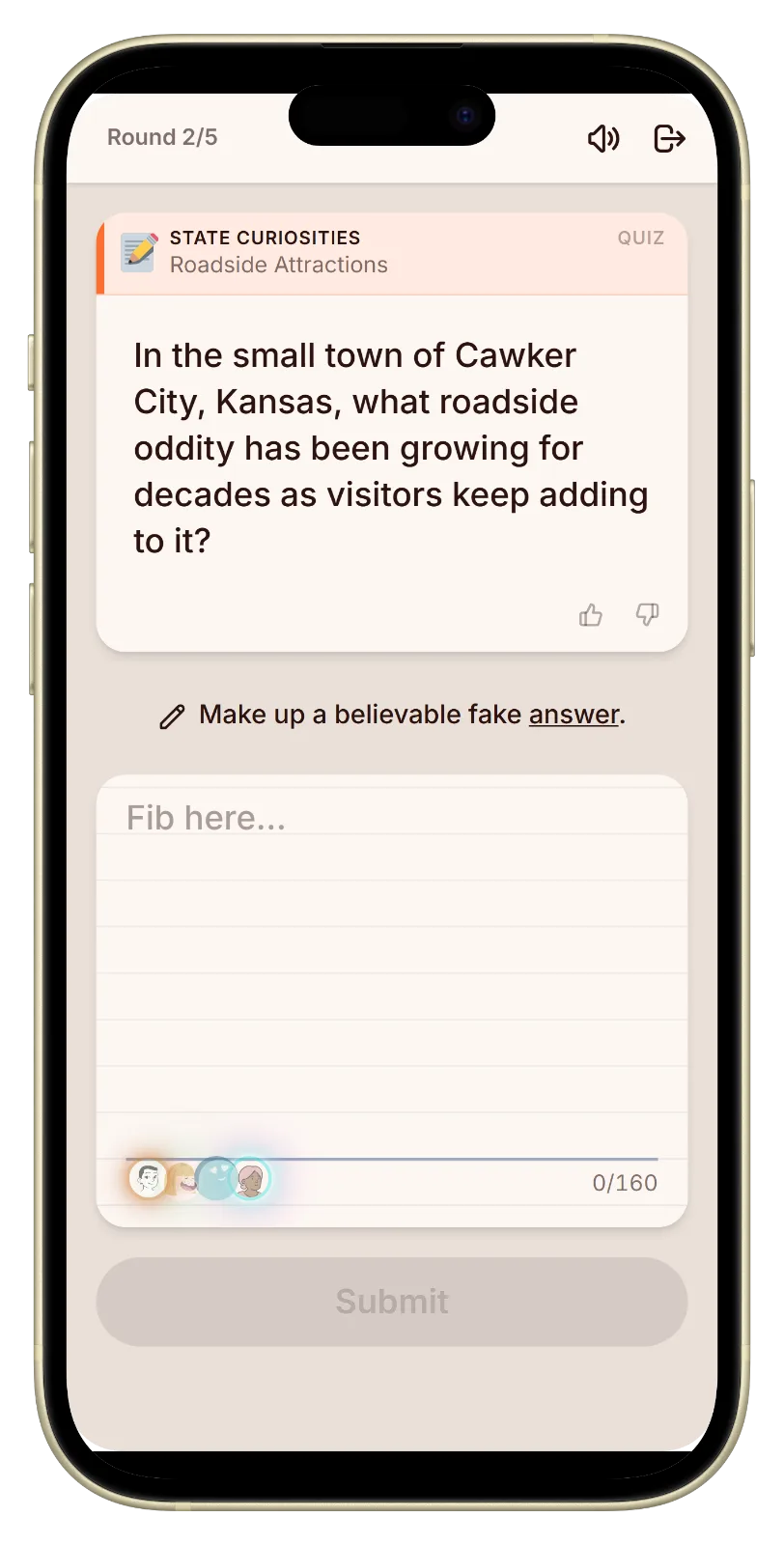 Writing a fake answer to a curious American trivia question in Let's Fib