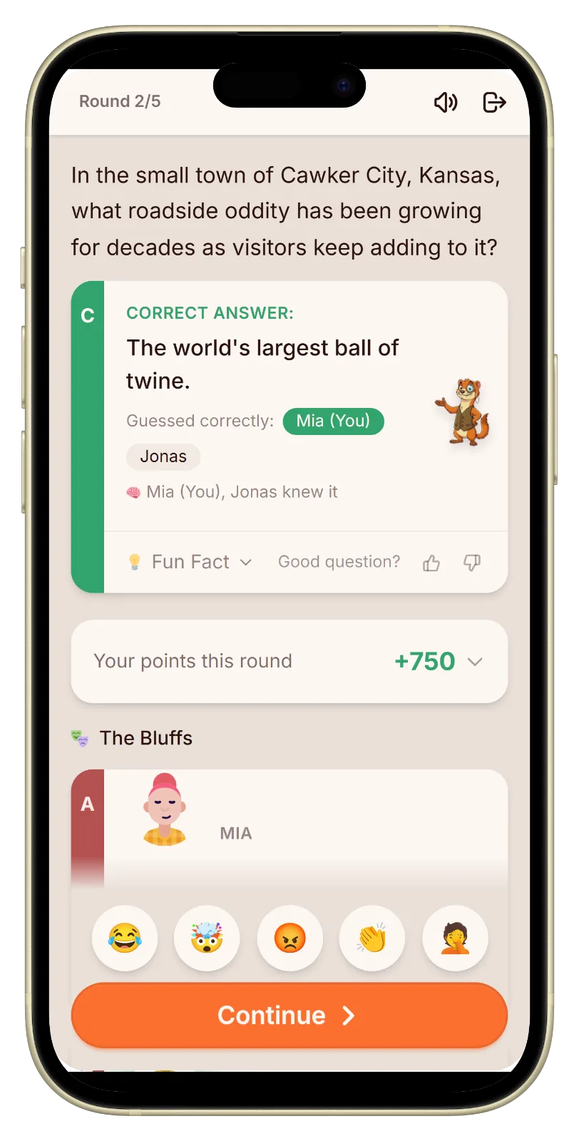 The reveal showing the real American answer and the points scored in Let's Fib