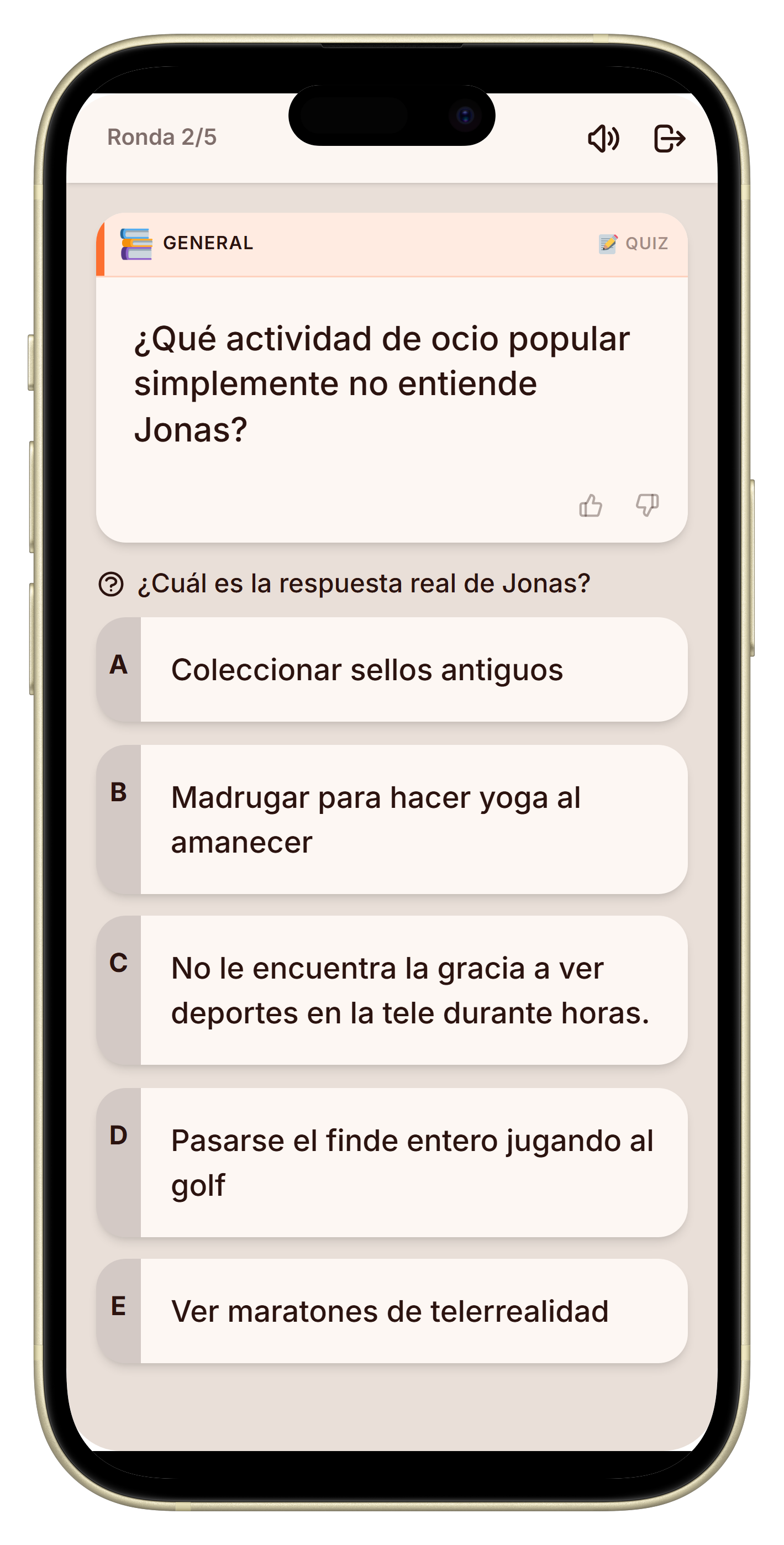 Pantalla de votación con tres respuestas en el juego quién me conoce mejor