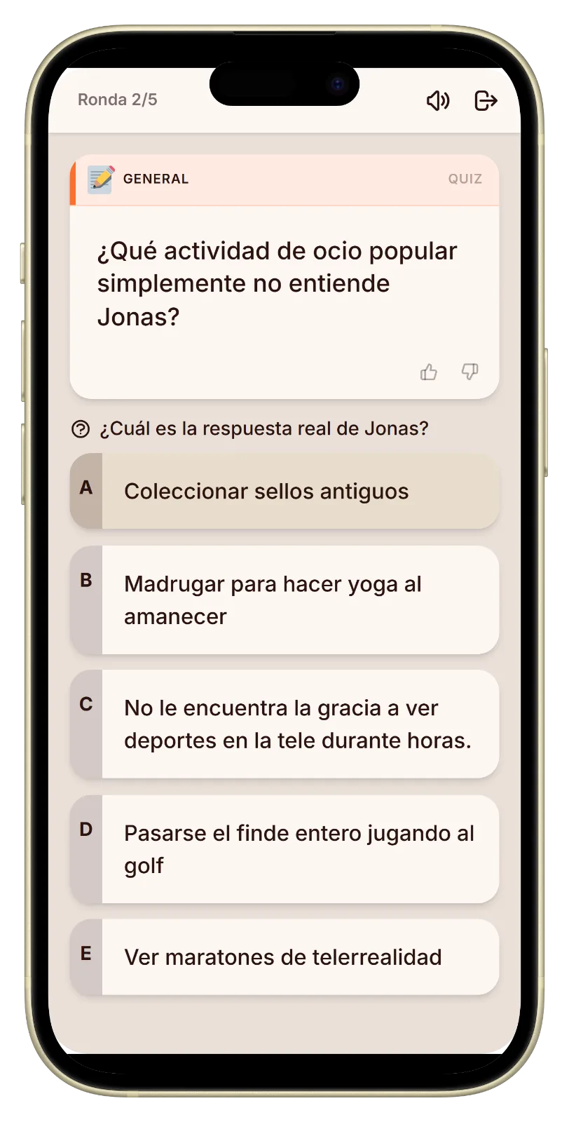 Pantalla de votación con tres respuestas en el juego quién me conoce mejor