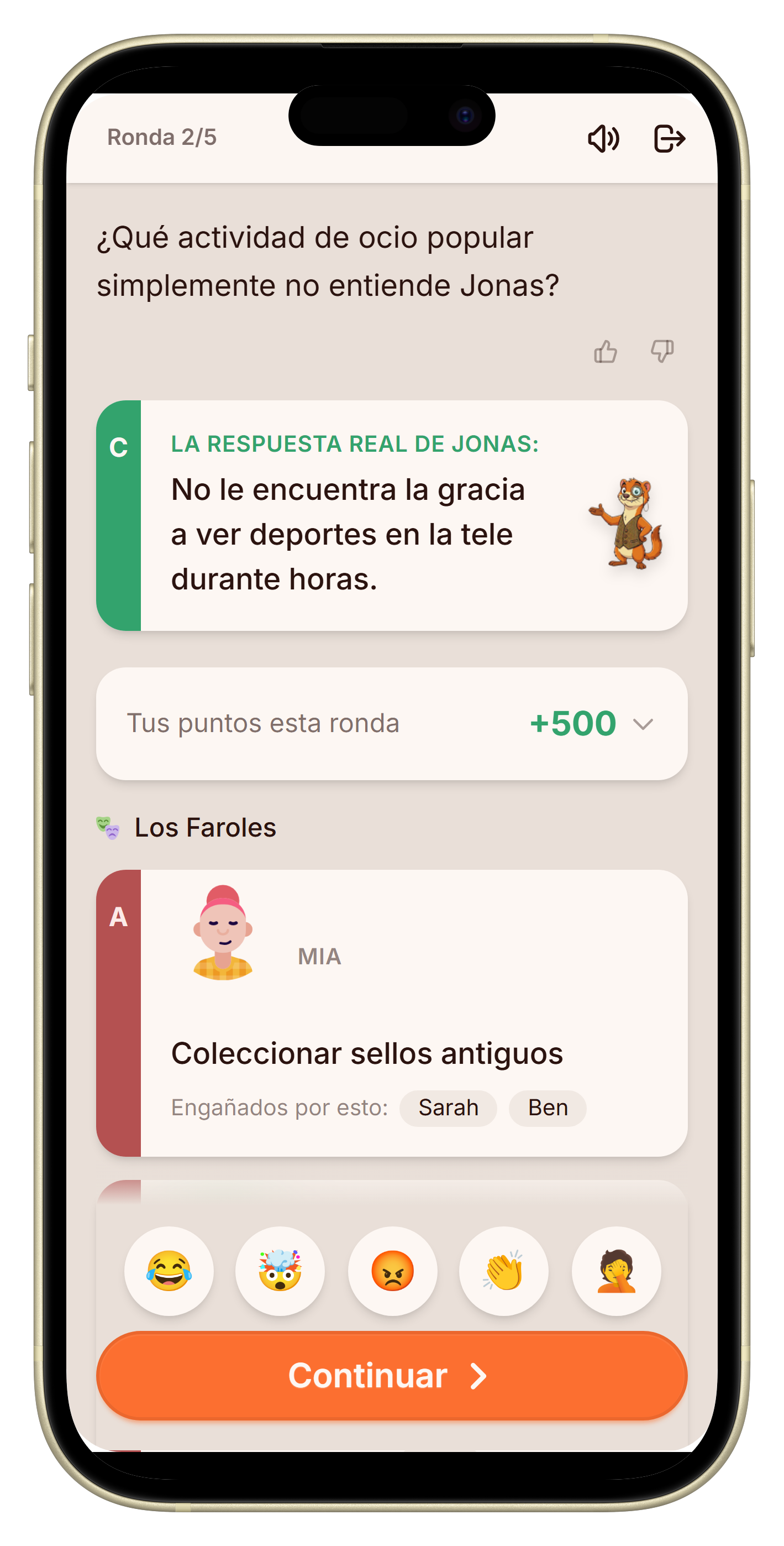 Pantalla de revelación con la respuesta real y los bluffs