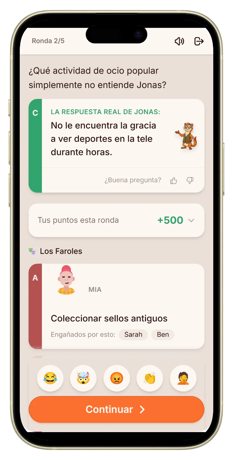 Pantalla de revelación con la respuesta real y los bluffs