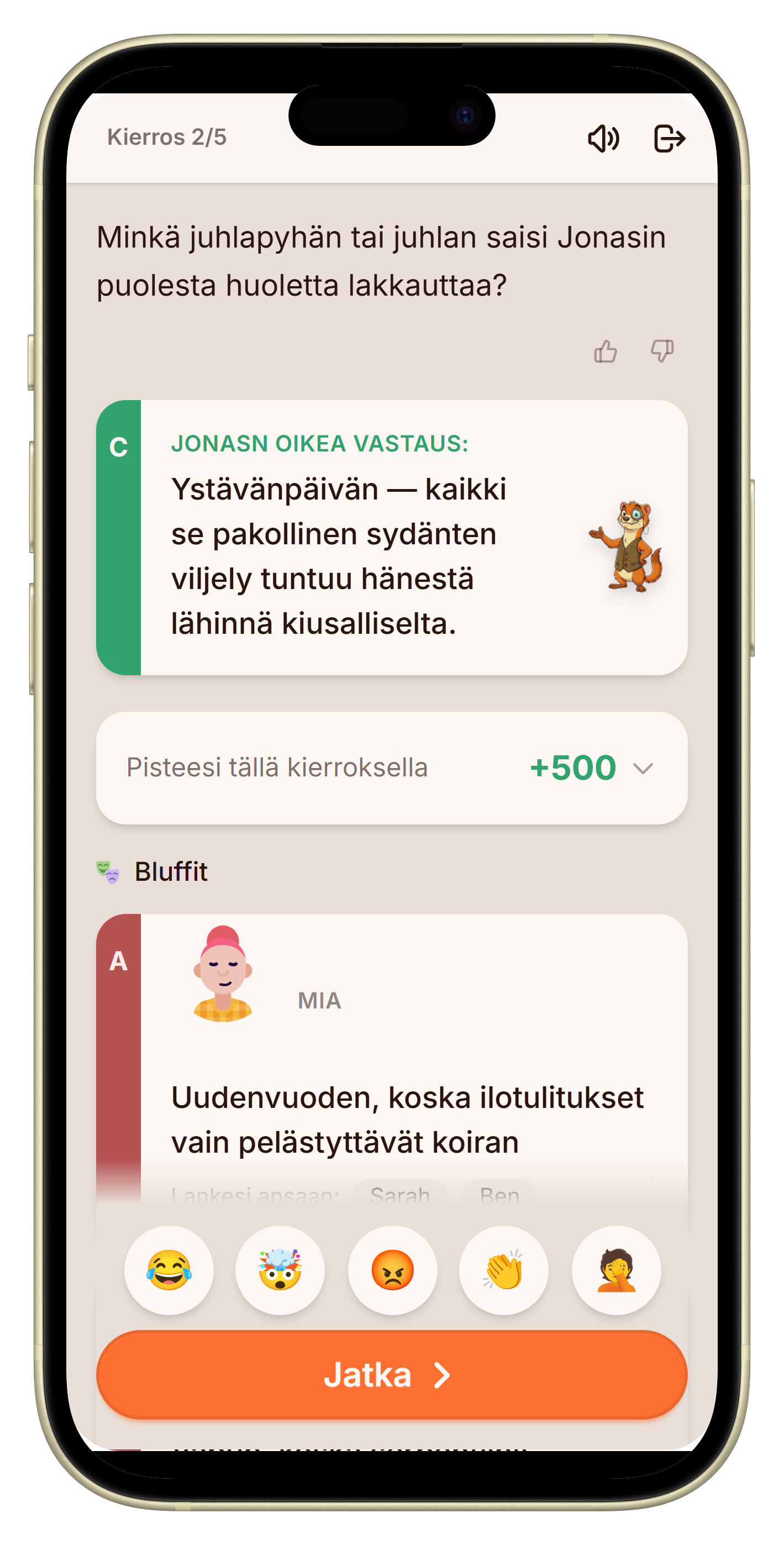 Paljastusnäkymä oikealla vastauksella ja bluffeilla