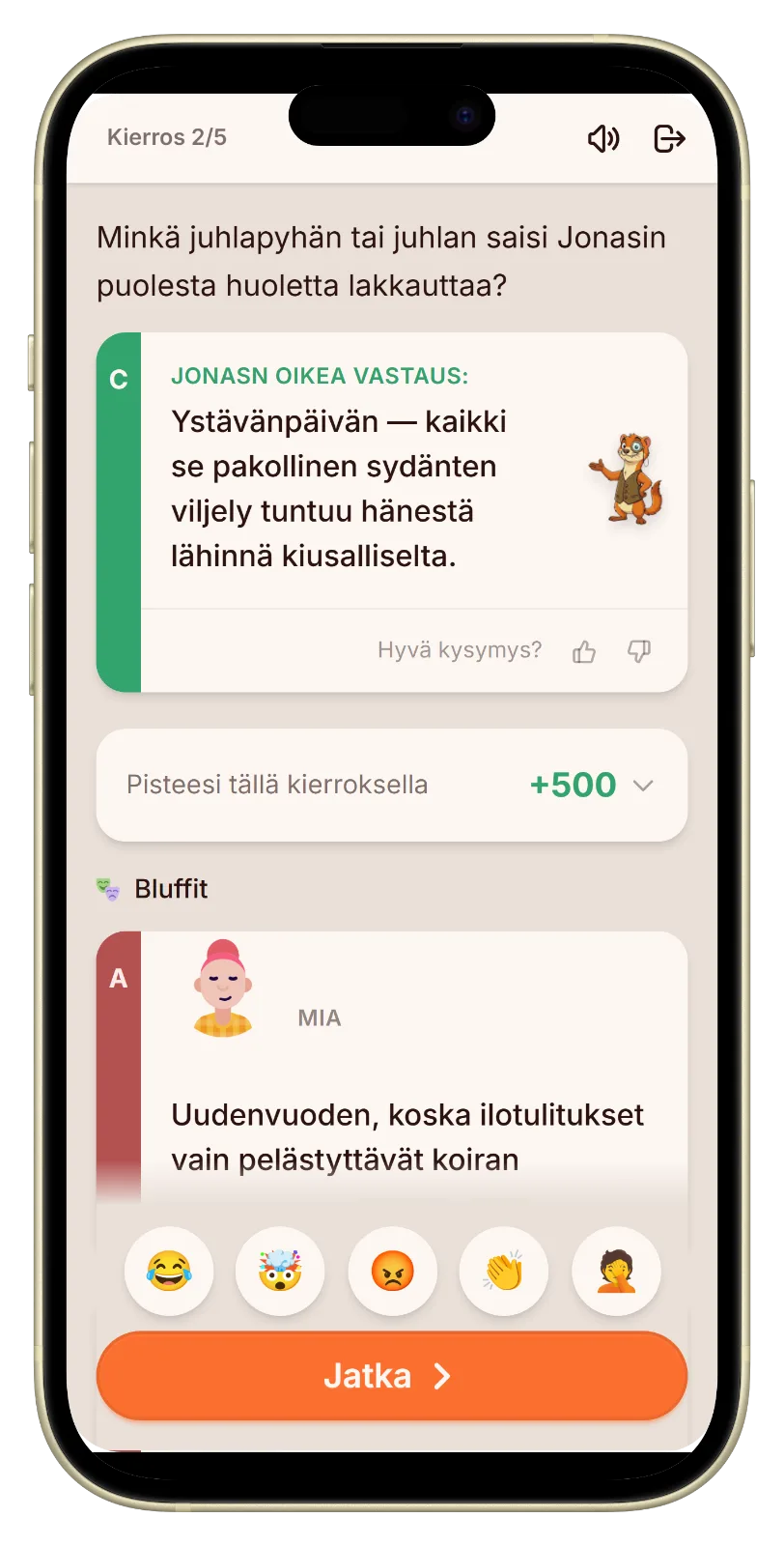 Paljastusnäkymä oikealla vastauksella ja bluffeilla