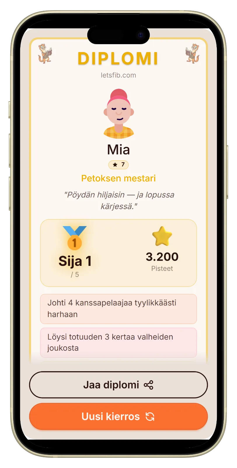 Let's Fib todistus illan päätteeksi