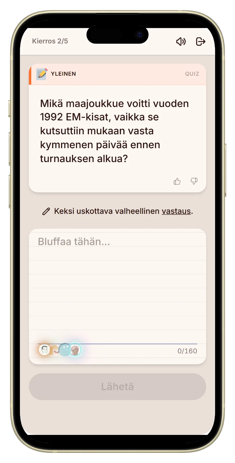 Väärän vastauksen kirjoittaminen jalkapallovisan kysymykseen Let's Fibissä