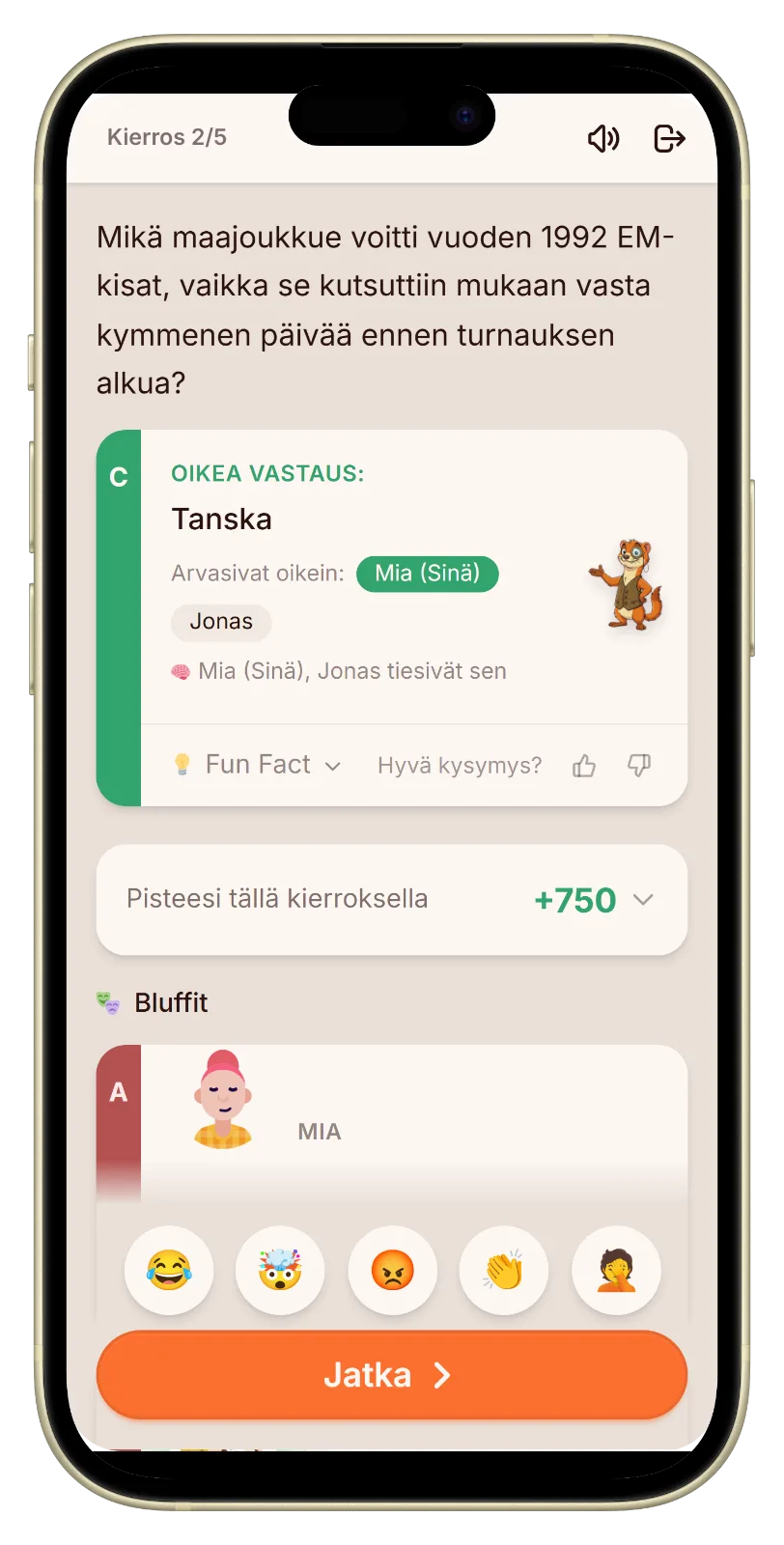 Paljastus, jossa näkyy oikea jalkapallovastaus ja kerätyt pisteet Let's Fibissä
