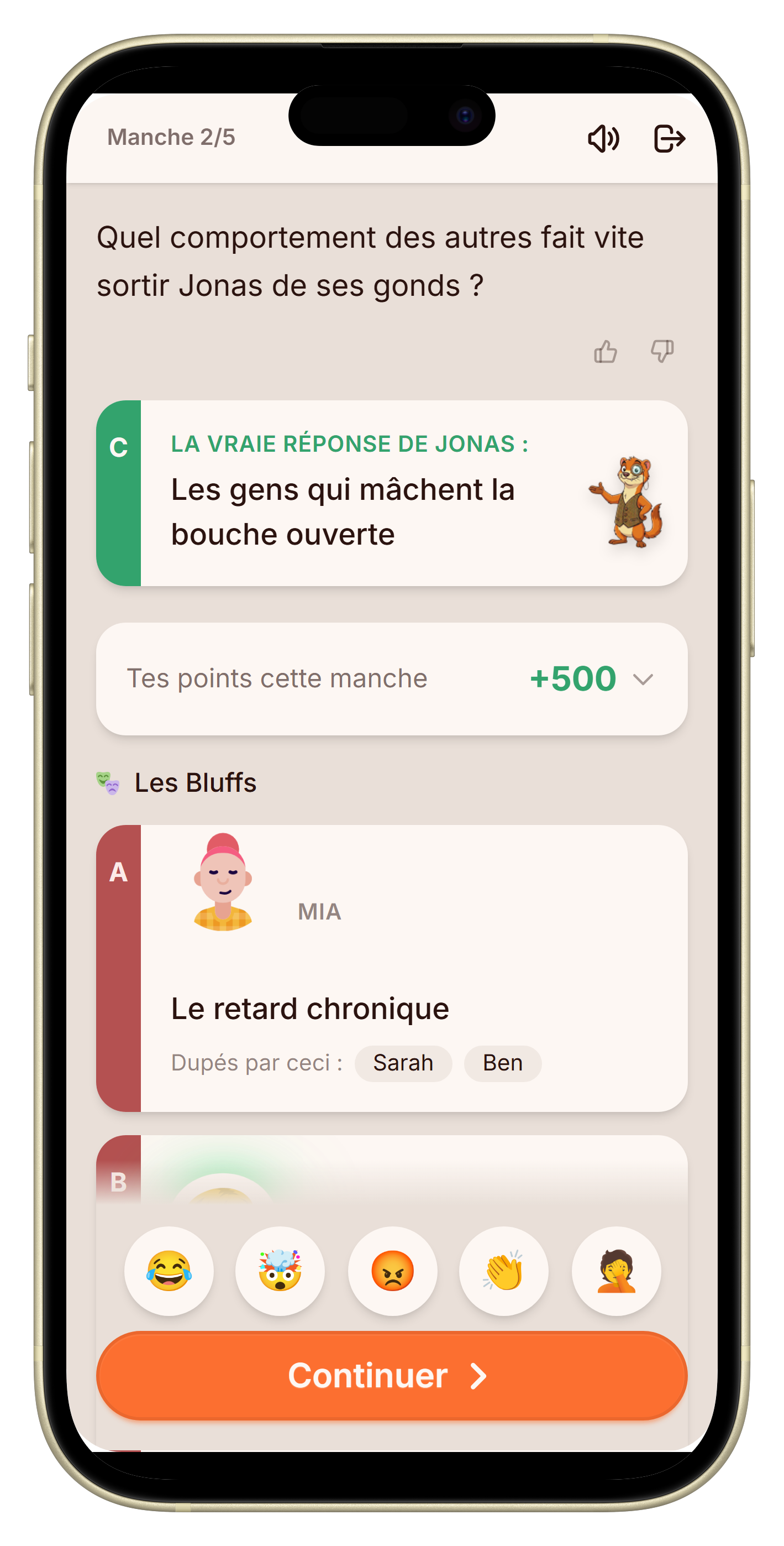 Écran révélation avec la vraie réponse et les bluffs