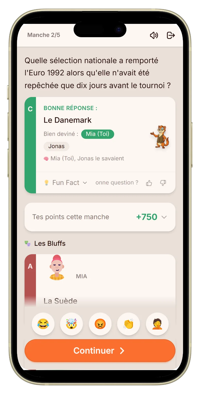 La révélation montrant la vraie réponse de foot et les points dans Let's Fib