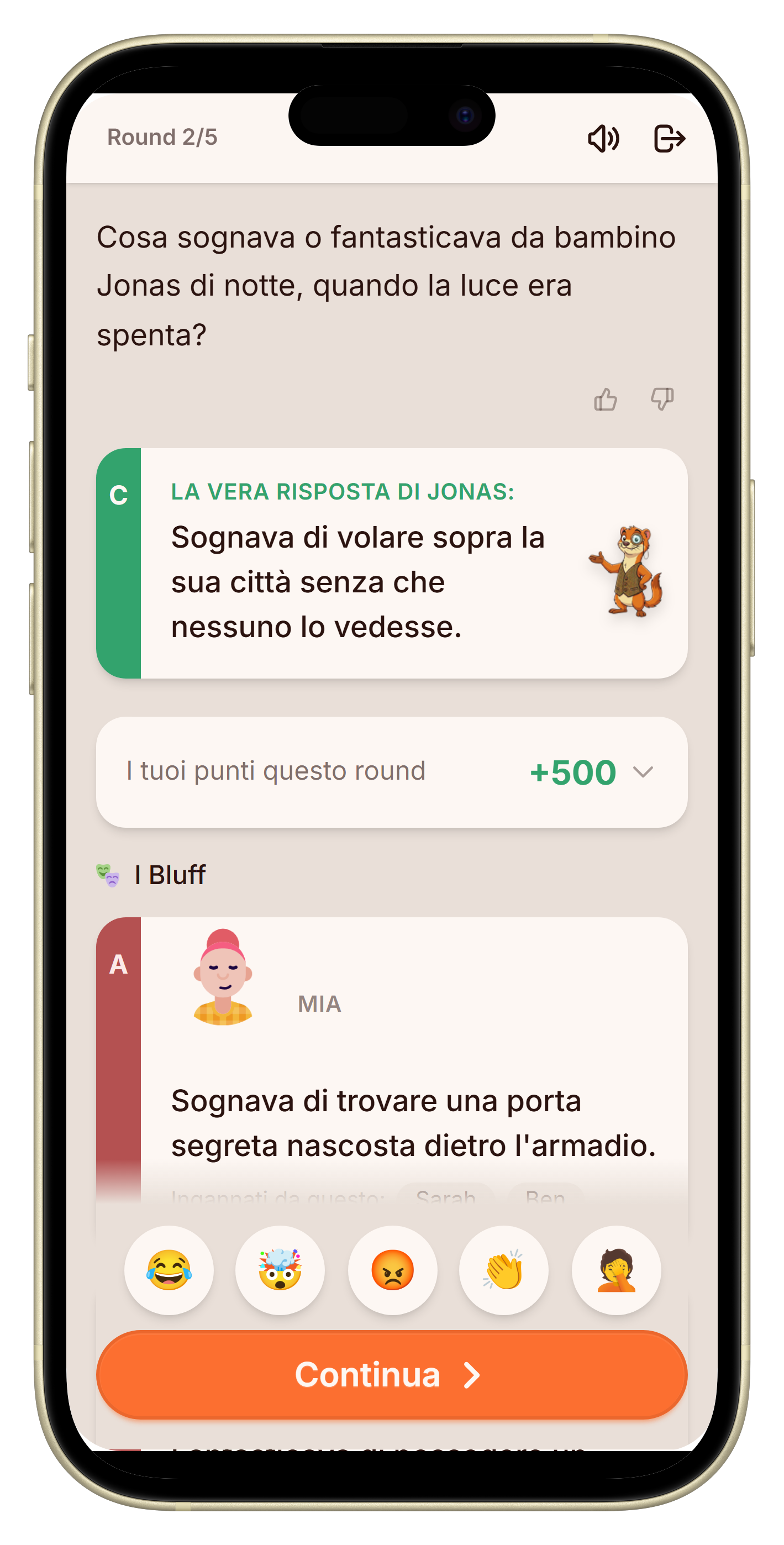 Schermata di rivelazione con risposta vera e bluff