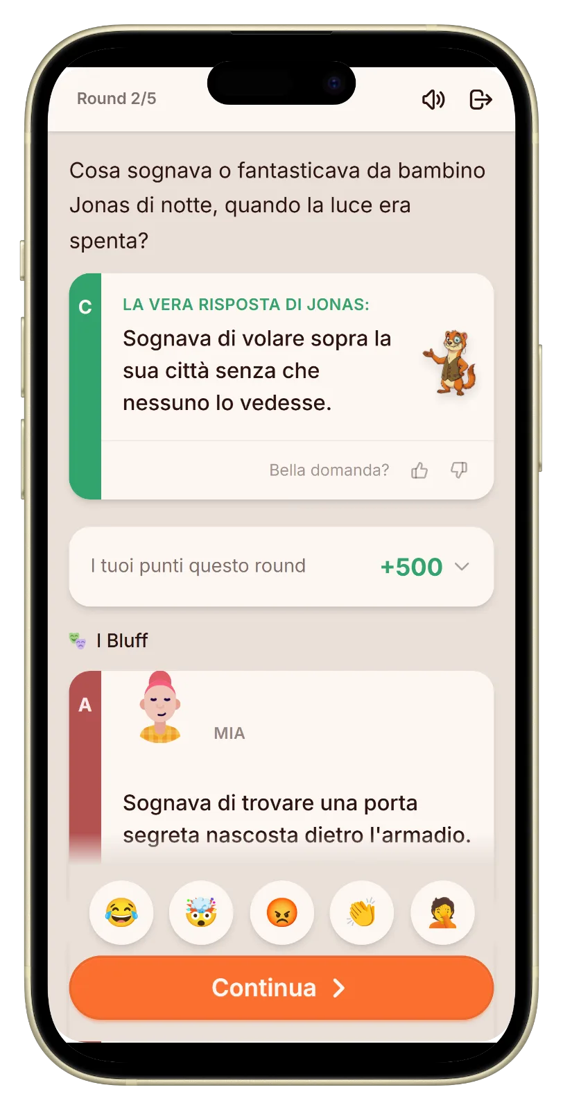 Schermata di rivelazione con risposta vera e bluff