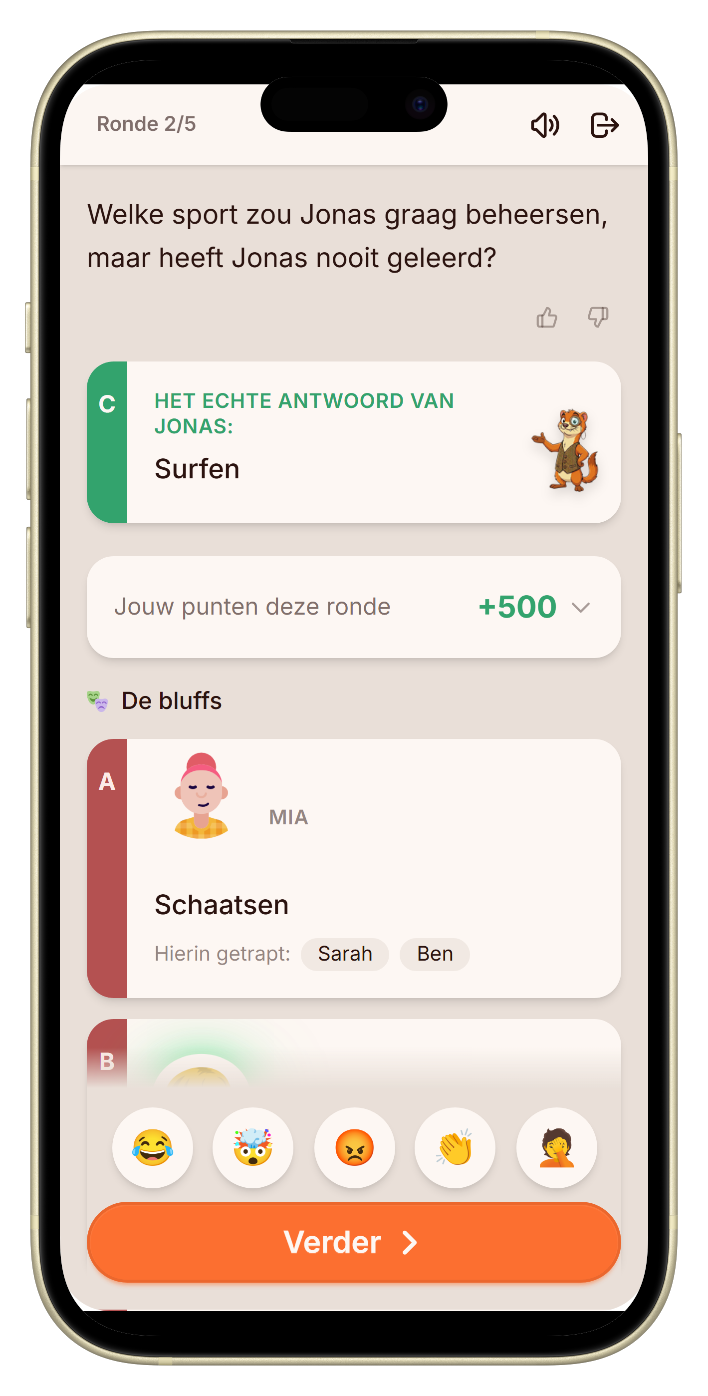 Onthullingsscherm met echte antwoord en bluffs