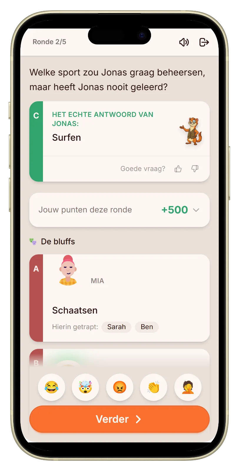 Onthullingsscherm met echte antwoord en bluffs