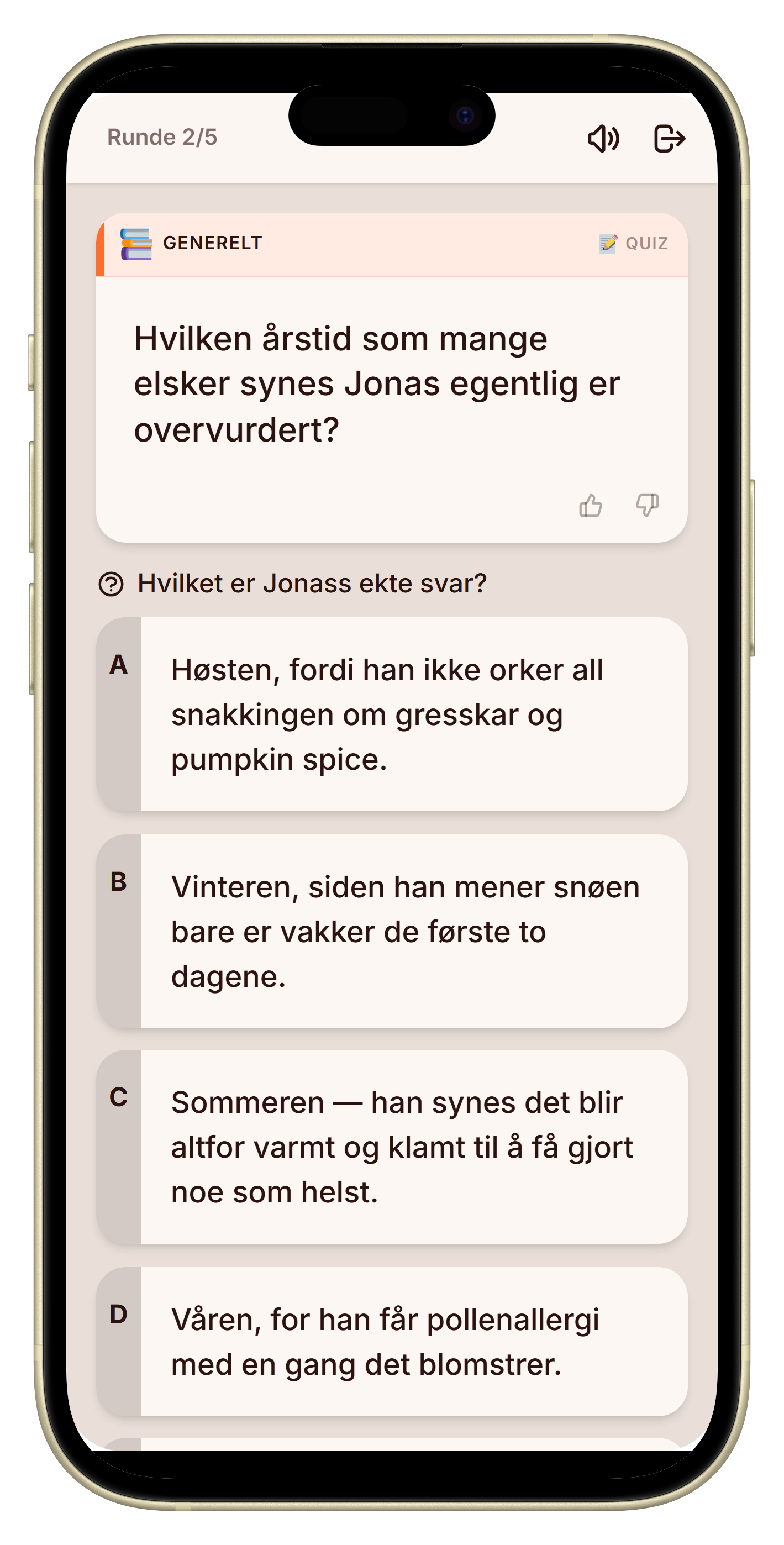 Stemmeskjerm med tre svar i spillet hvem kjenner meg best