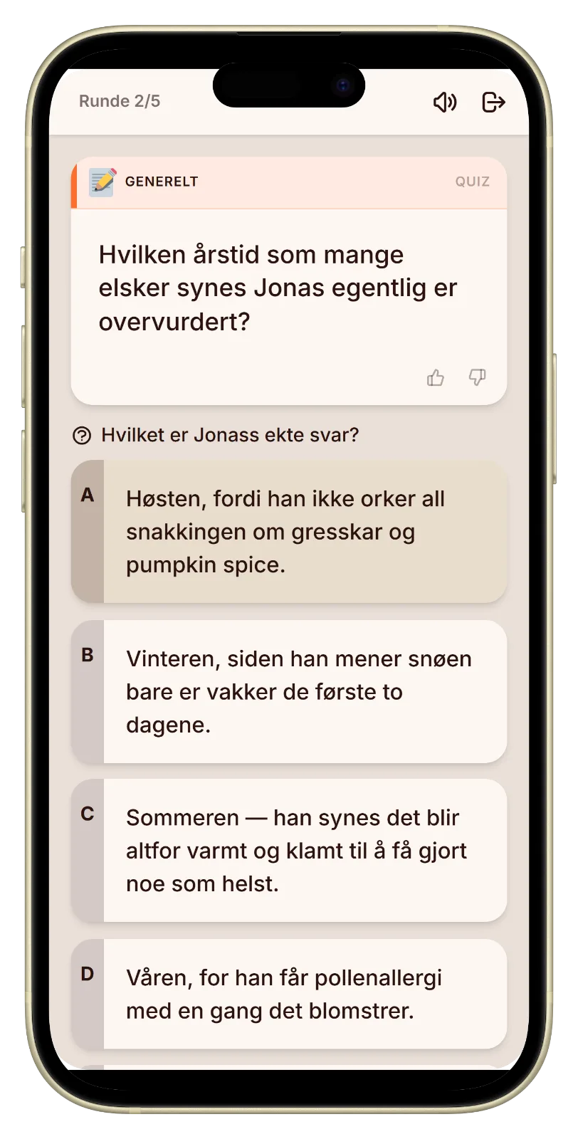 Stemmeskjerm med tre svar i spillet hvem kjenner meg best