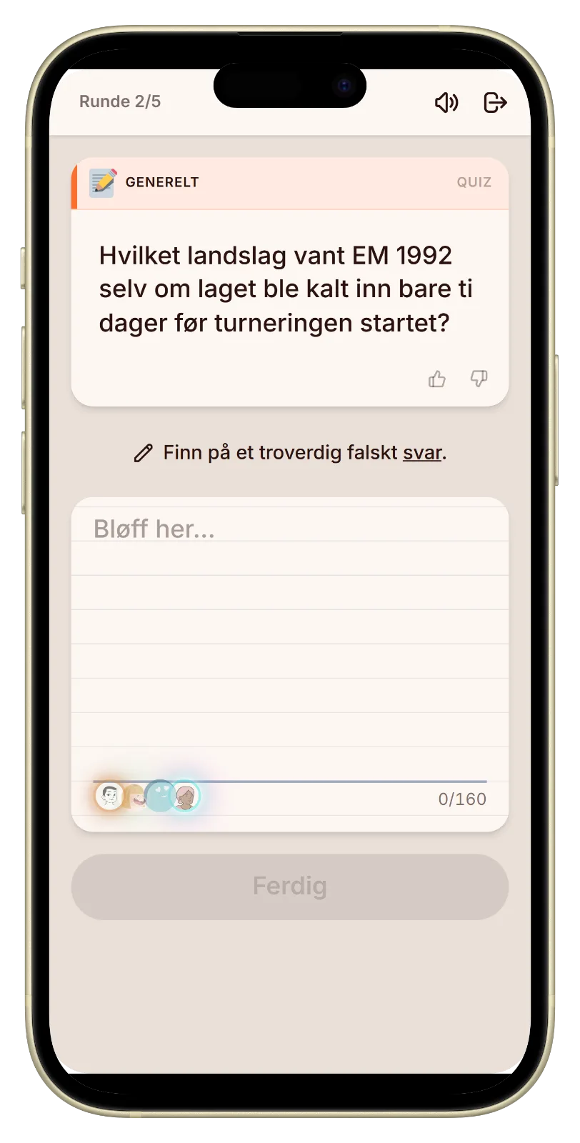 Skrive et falskt svar på et fotballquiz-spørsmål i Let's Fib