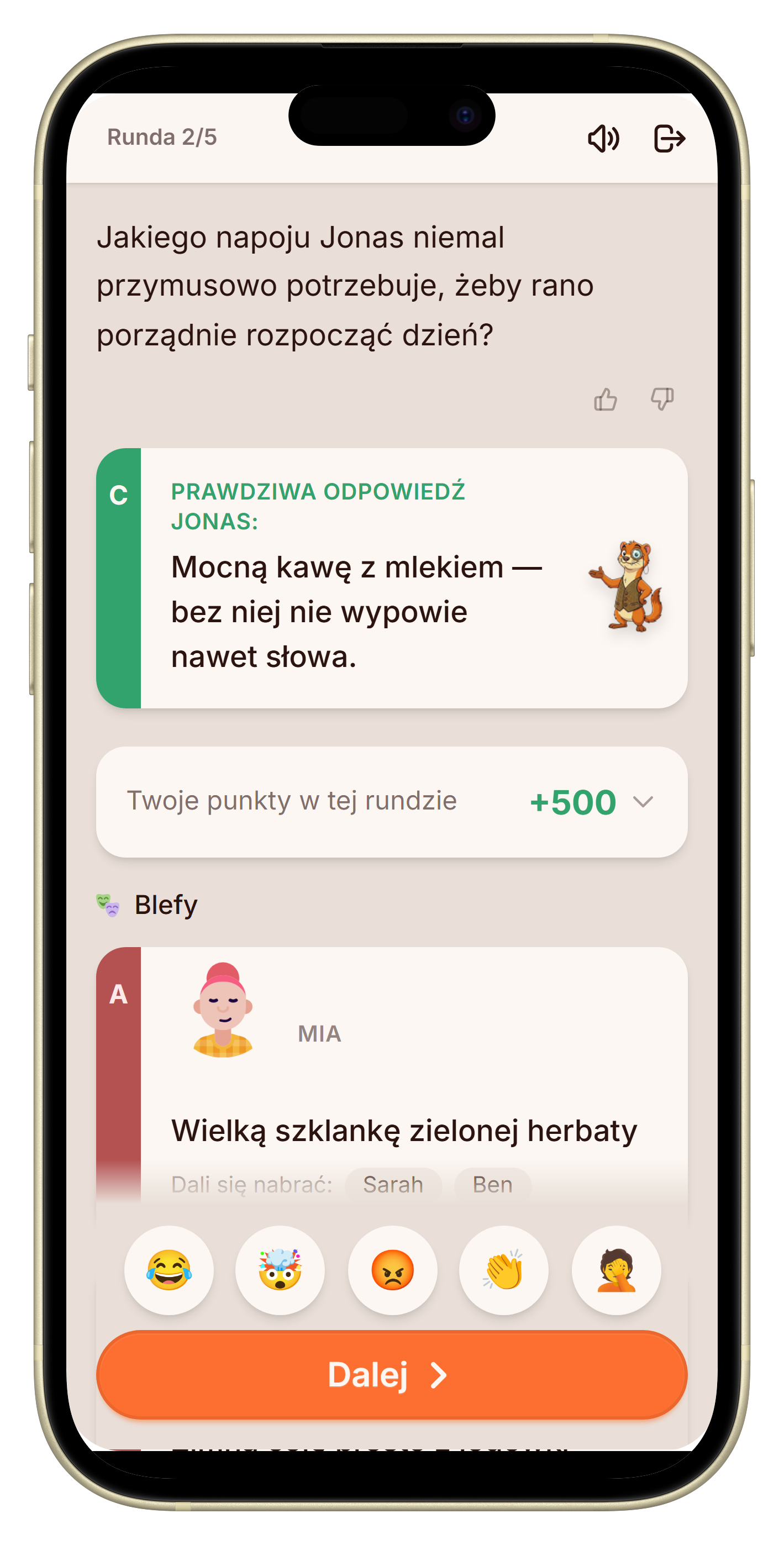 Ekran ujawnienia z prawdziwą odpowiedzią i blefami