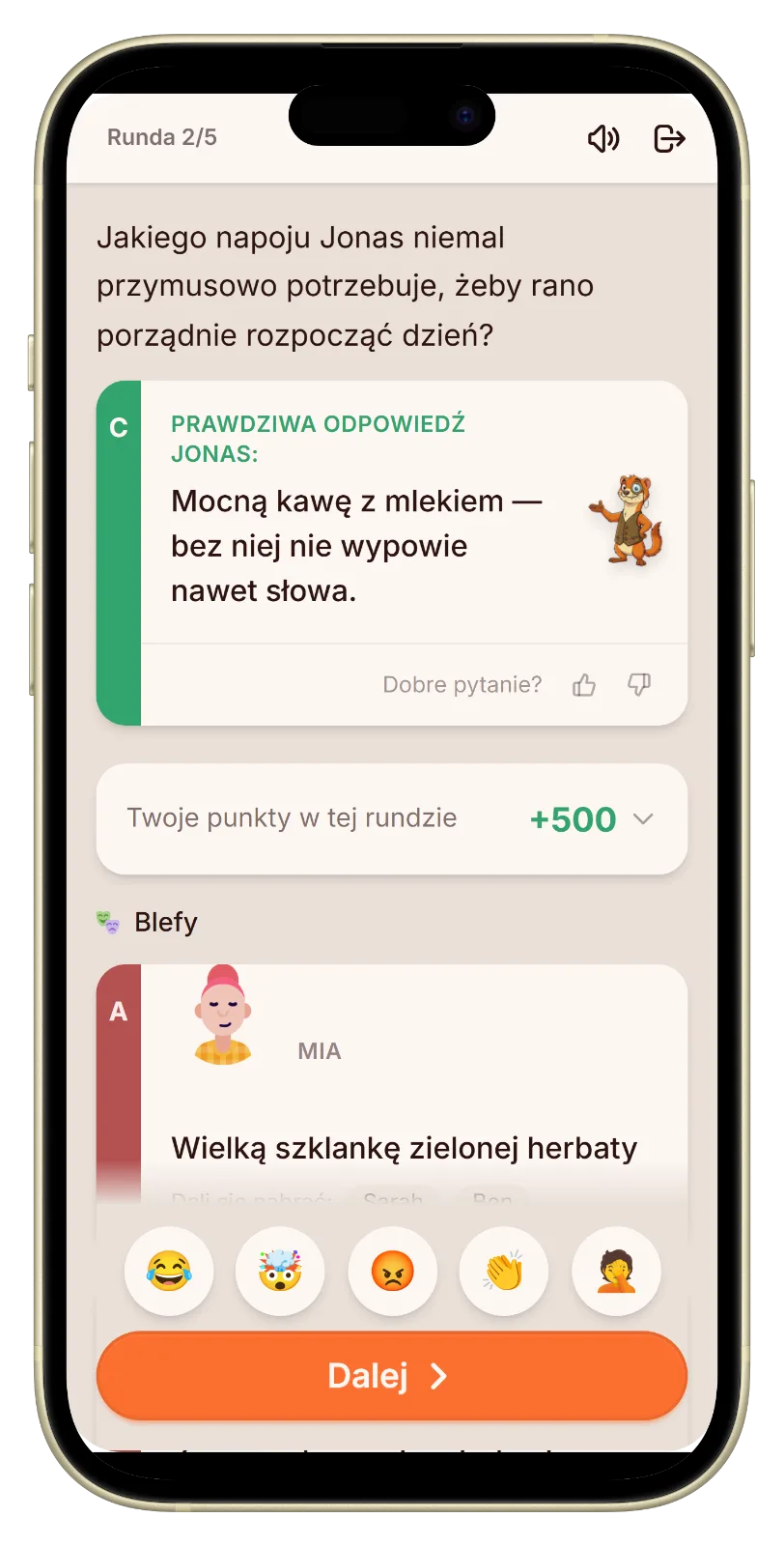 Ekran ujawnienia z prawdziwą odpowiedzią i blefami
