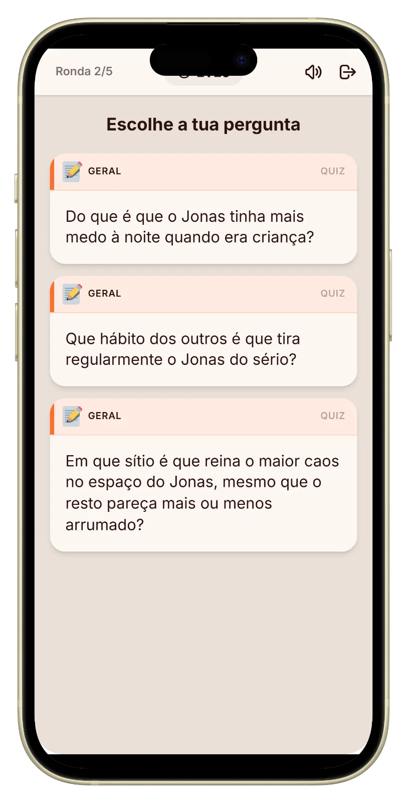 Pergunta do modo Sobre mim no Let's Fib