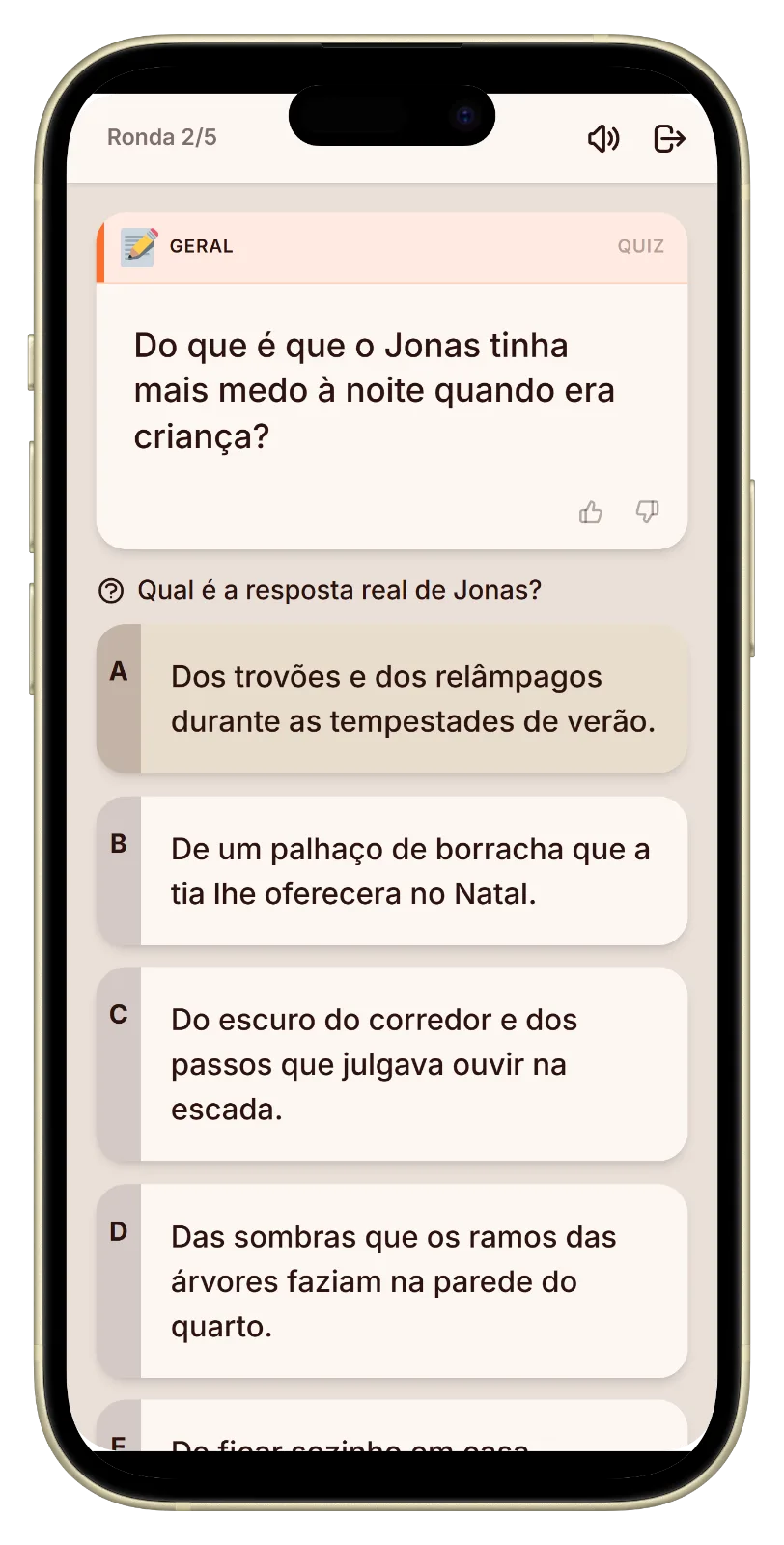 Ecrã de votação com três respostas no jogo quem me conhece melhor