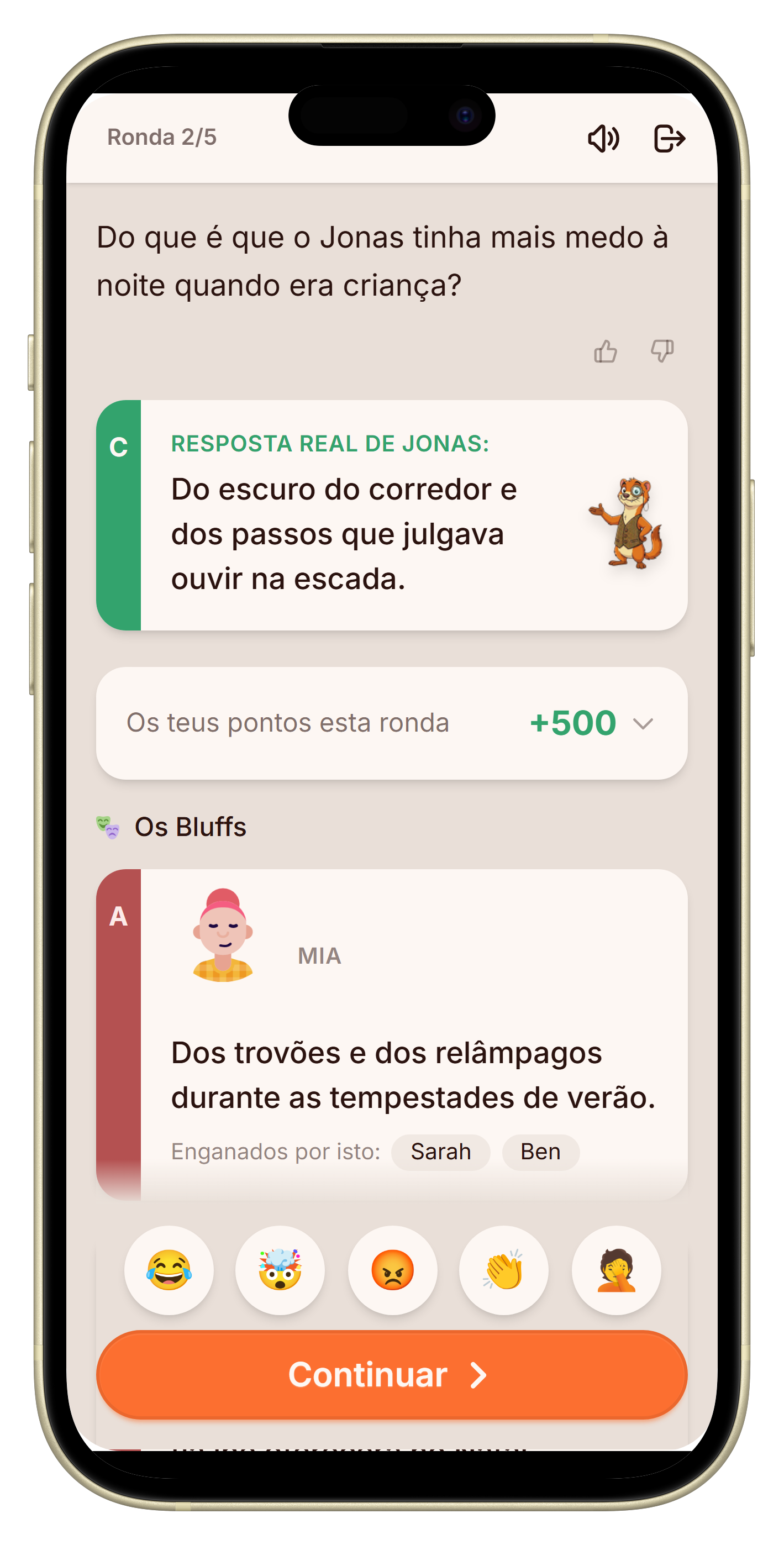 Ecrã de revelação com a resposta verdadeira e os bluffs