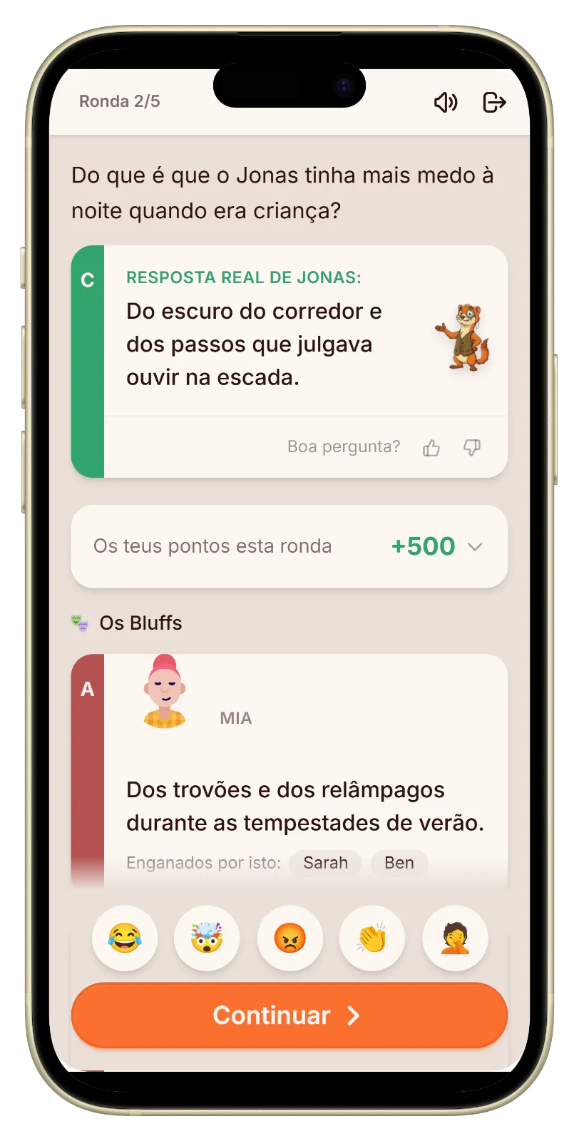 Ecrã de revelação com a resposta verdadeira e os bluffs