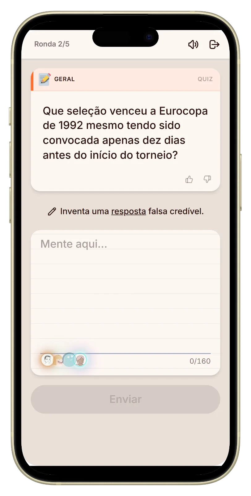 Escrevendo uma resposta falsa para uma pergunta de quiz de futebol no Let's Fib