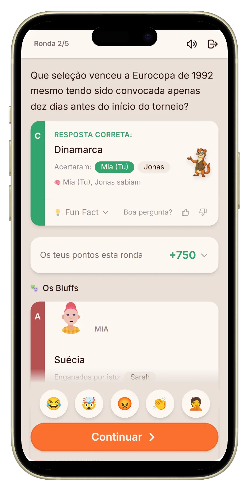 A revelação mostrando a resposta verdadeira de futebol e os pontos marcados no Let's Fib