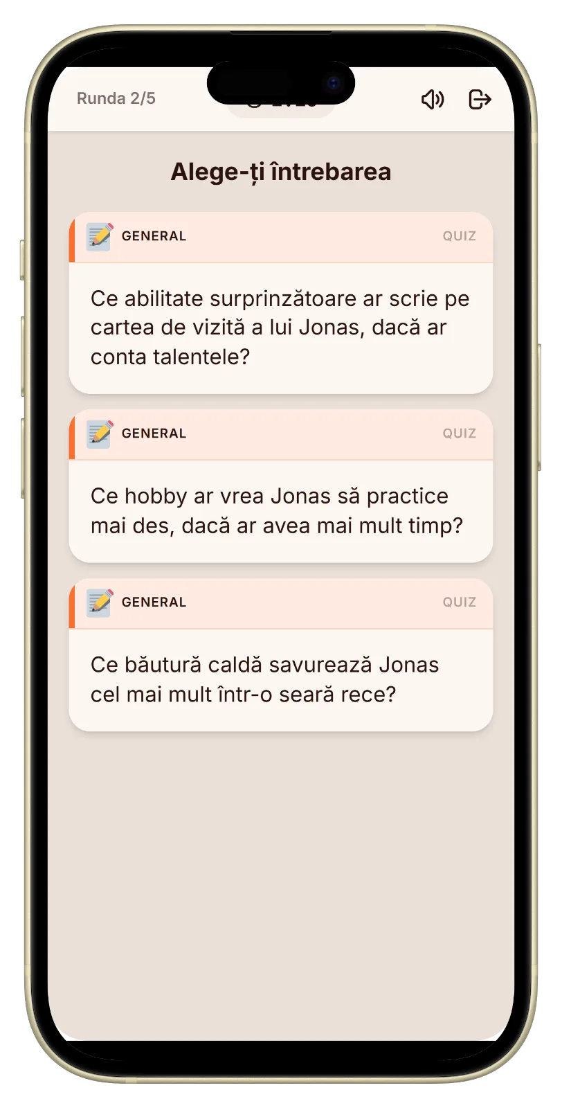 Întrebare din modul Despre mine în Let's Fib