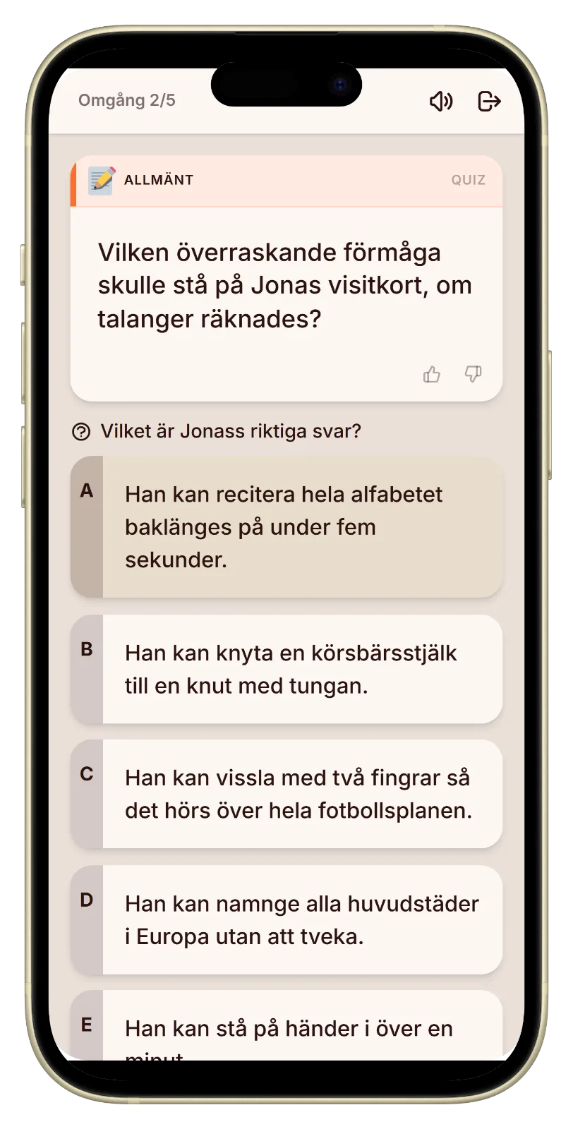 Röstningsskärm med tre svar i spelet vem känner mig bäst