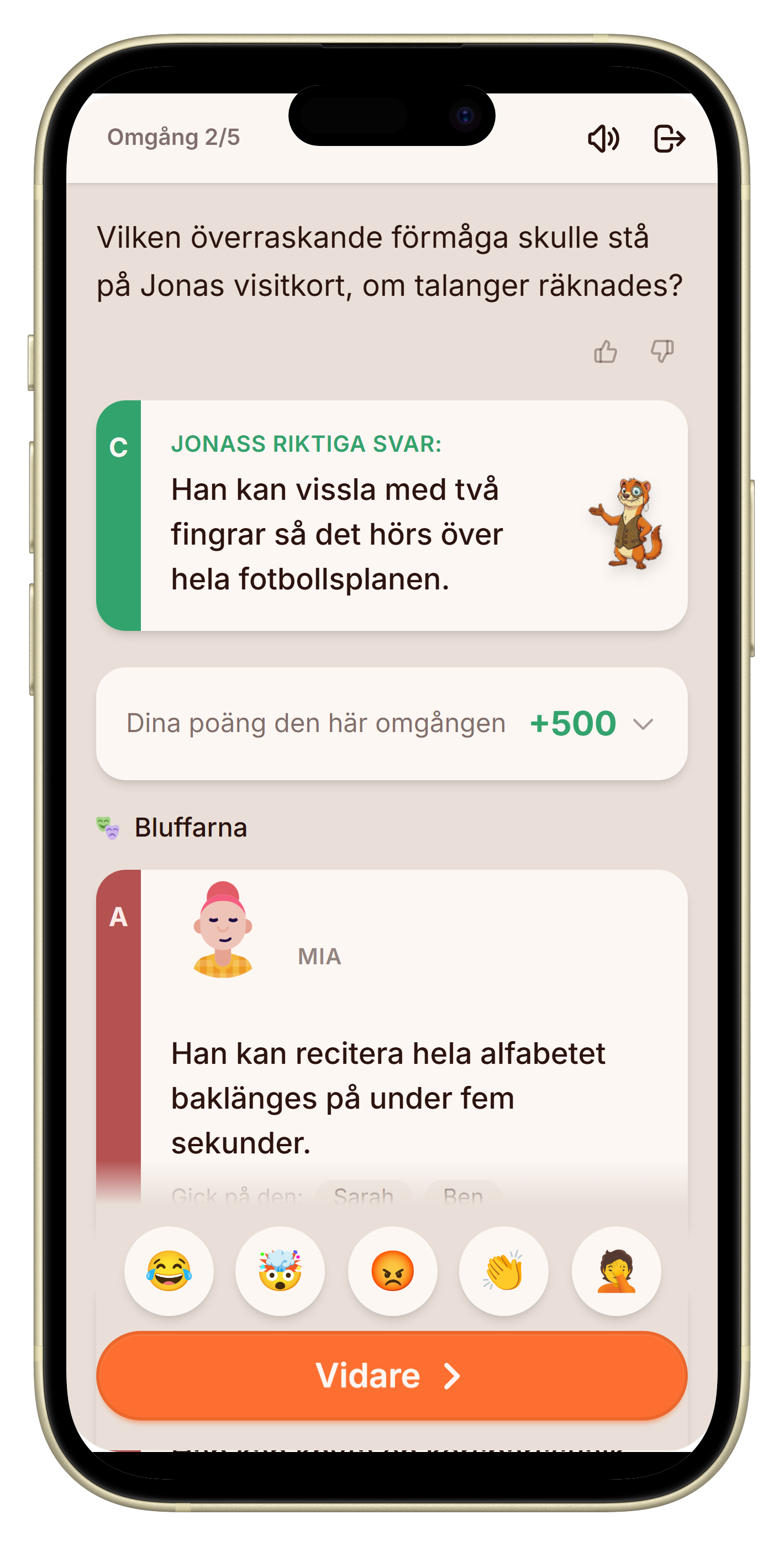 Avslöjandeskärm med riktigt svar och bluffar